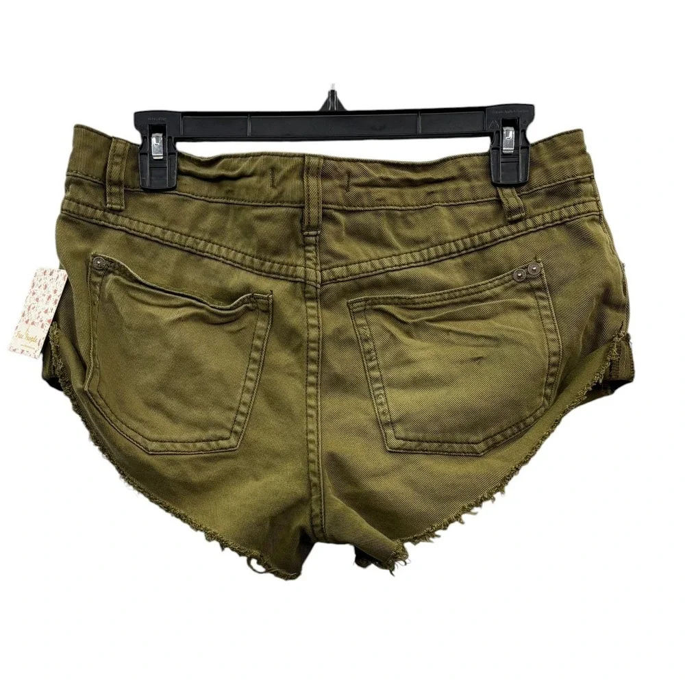Free People Irreplaceable Green Distressed Cutoff Denim Shorts‎ Low Rise Boho 27